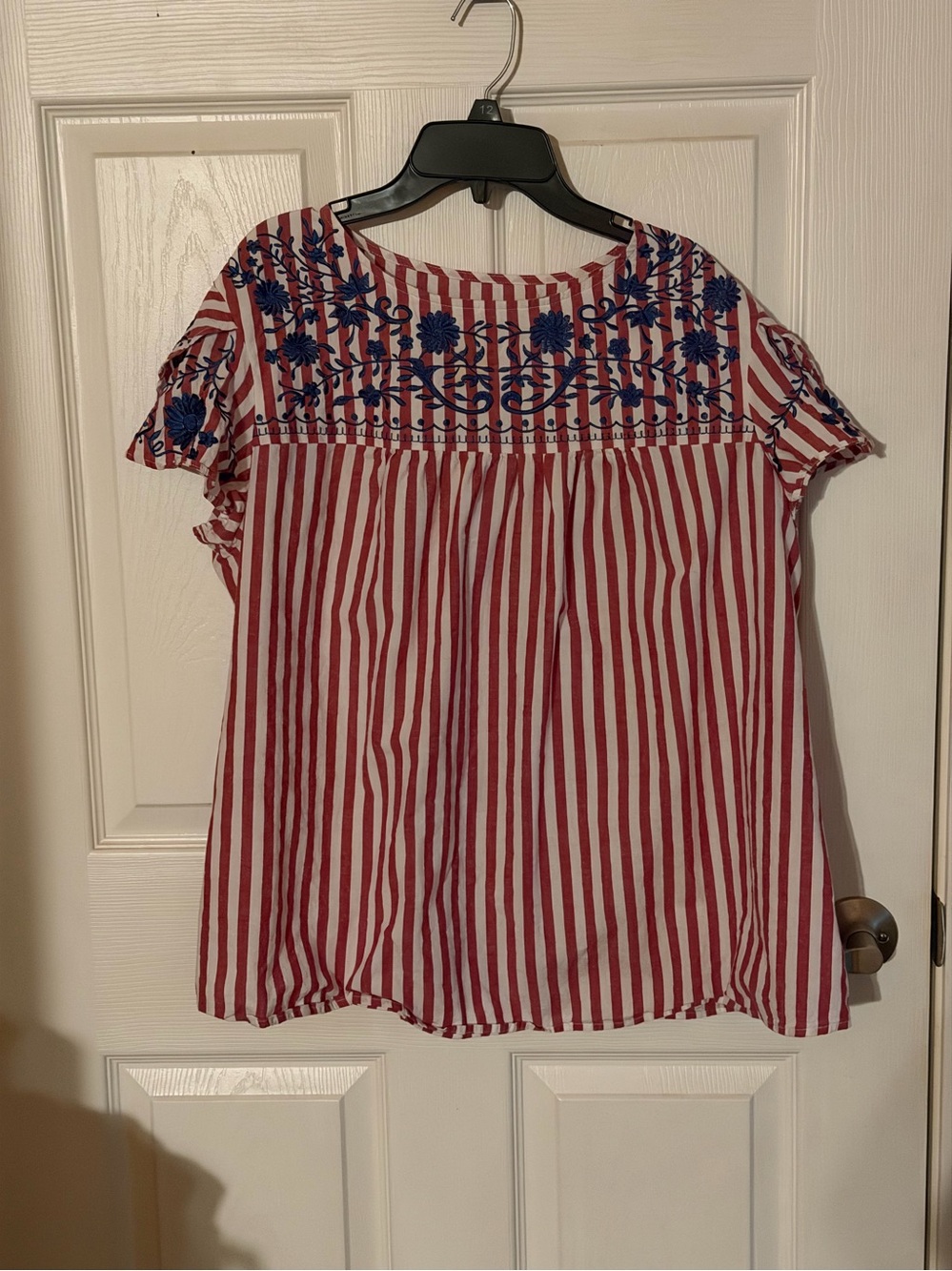 Embroidered Red & White Striped Women's Top with Blue Floral Accents